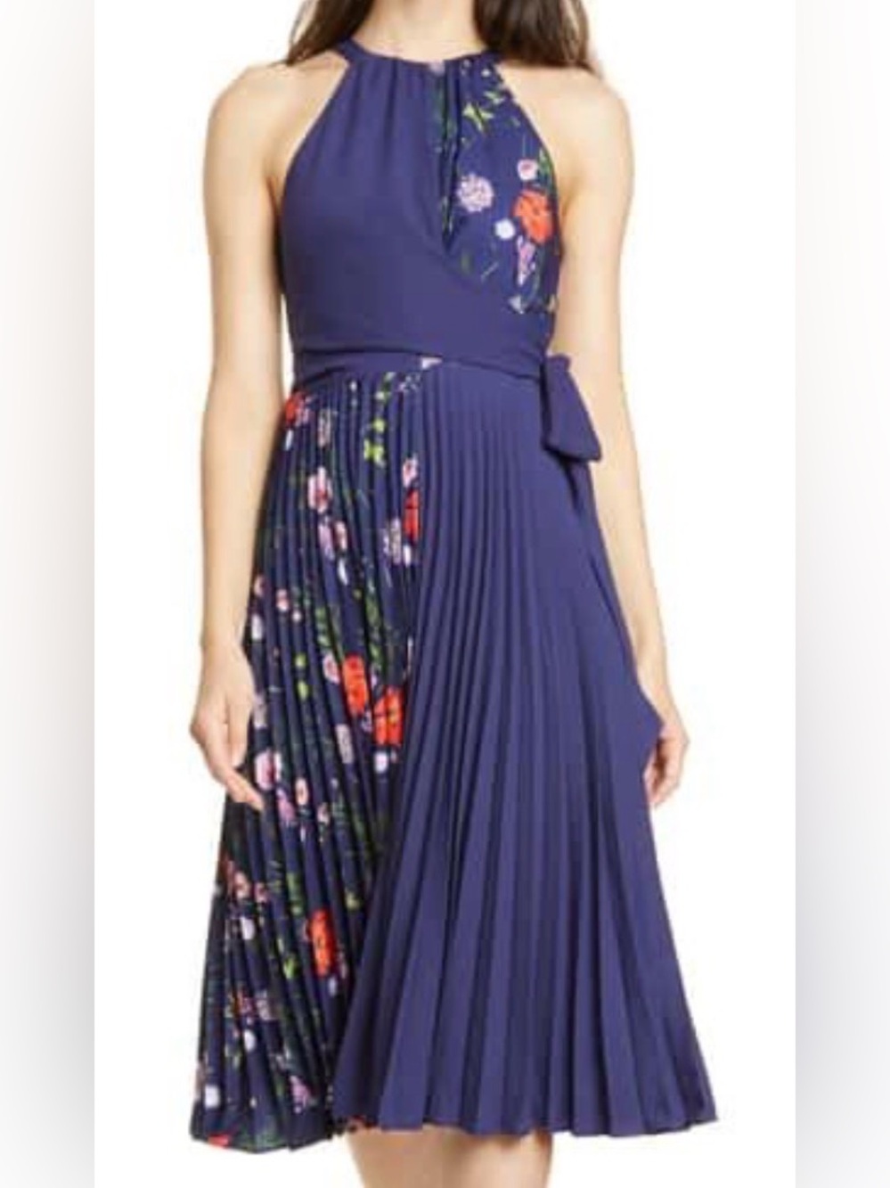 Ted Baker Navy Floral Pleated Midi Dress